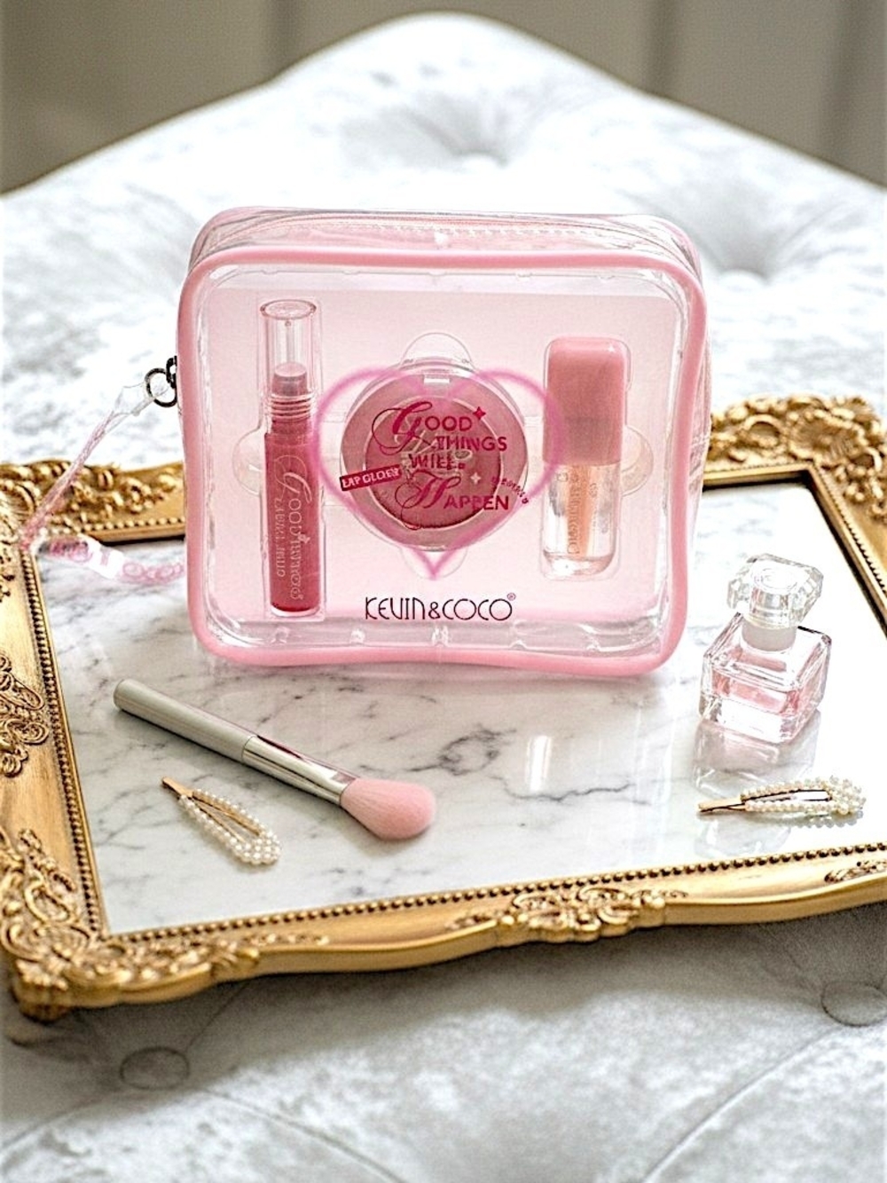 KEVIN & COCO Good Things Will Happen 3-Piece  Lip & Lt. Rose Blush Set w/Case
